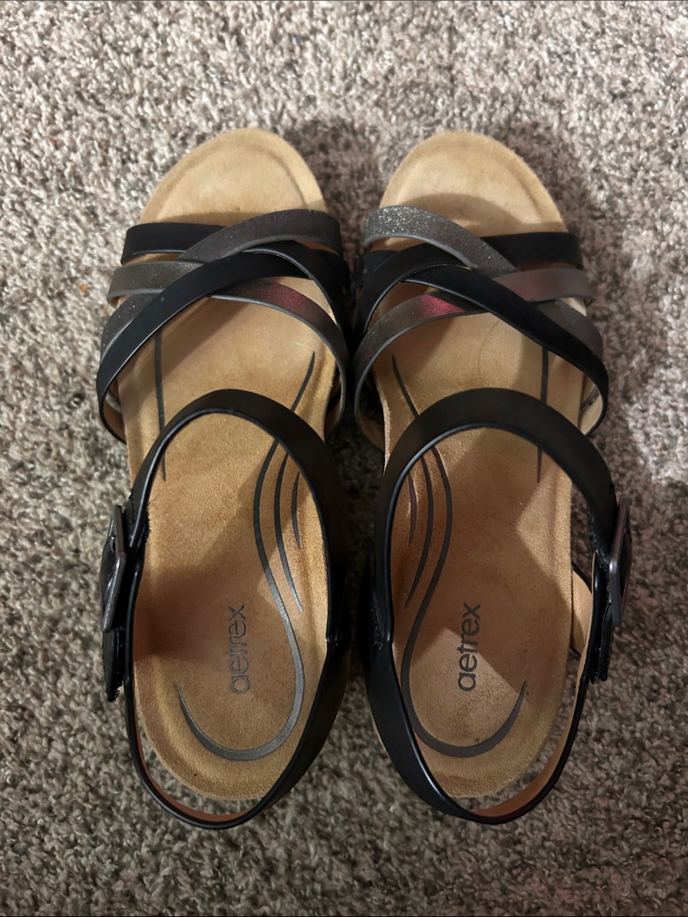 Aetrex Noelle Black Multi-Strip Metallic Accent Sandals EU 38
